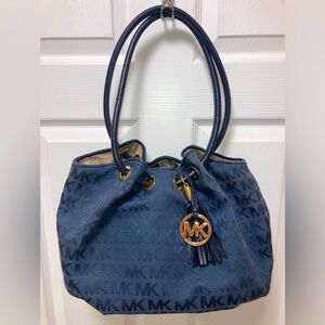 Michael Kors East West Ring Tote MK Logo Hobo Shoulder Bag in Dark Blue EUC